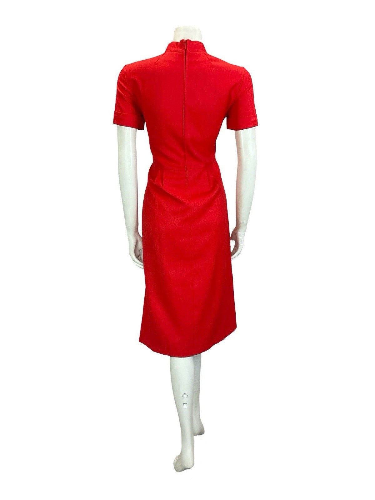 VTG 60S 70S MOD BRIGHT RED MANDARIN TIE COLLAR PLEATED MIDI DRESS 12