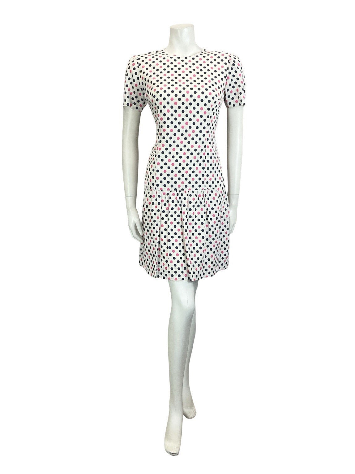 VTG 60S WHITE PINK NAVY BLUE MOD POLKA DOT GEOMETRIC DROPPED WAIST MINI DRESS 12