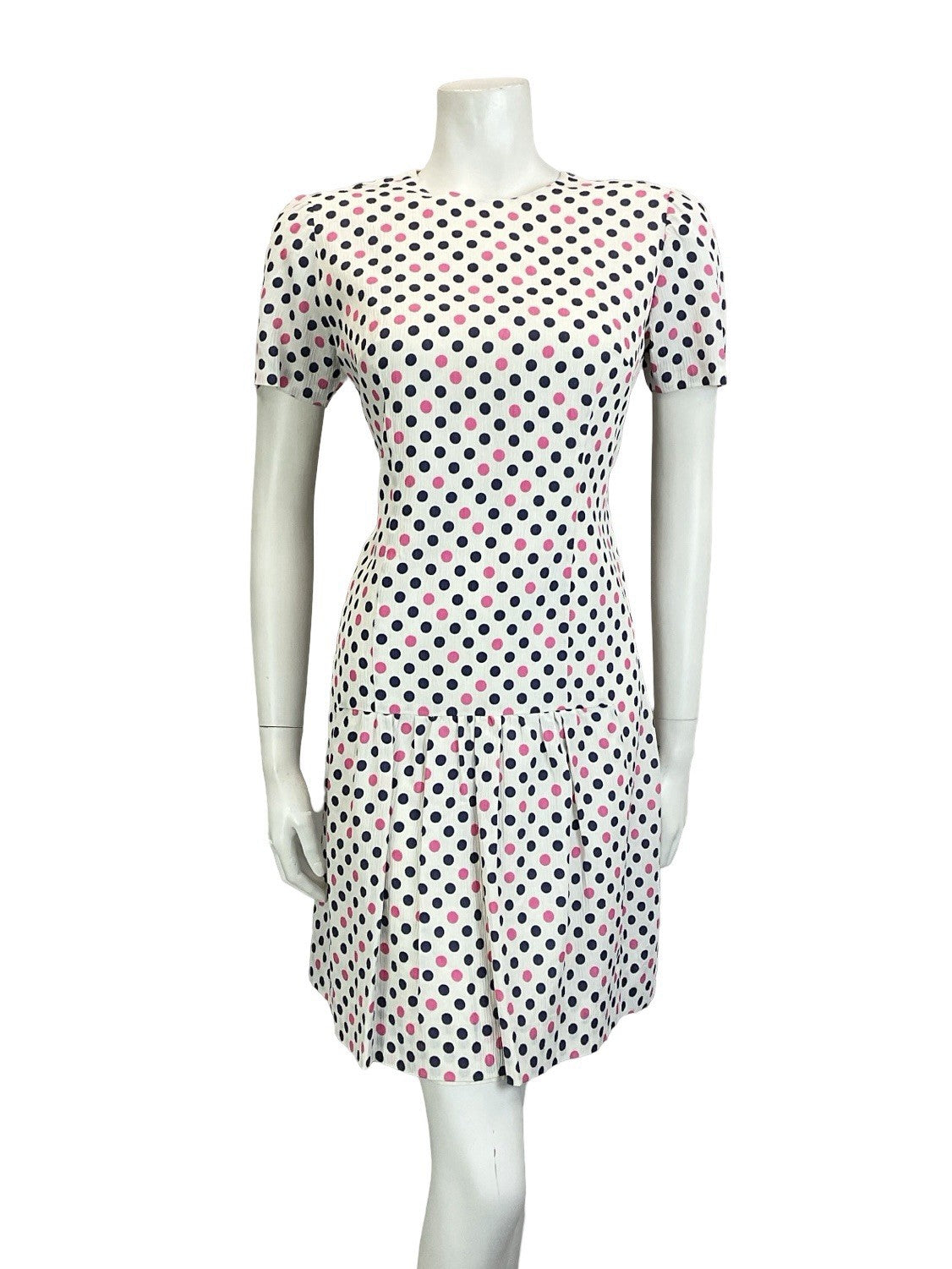 VTG 60S WHITE PINK NAVY BLUE MOD POLKA DOT GEOMETRIC DROPPED WAIST MINI DRESS 12