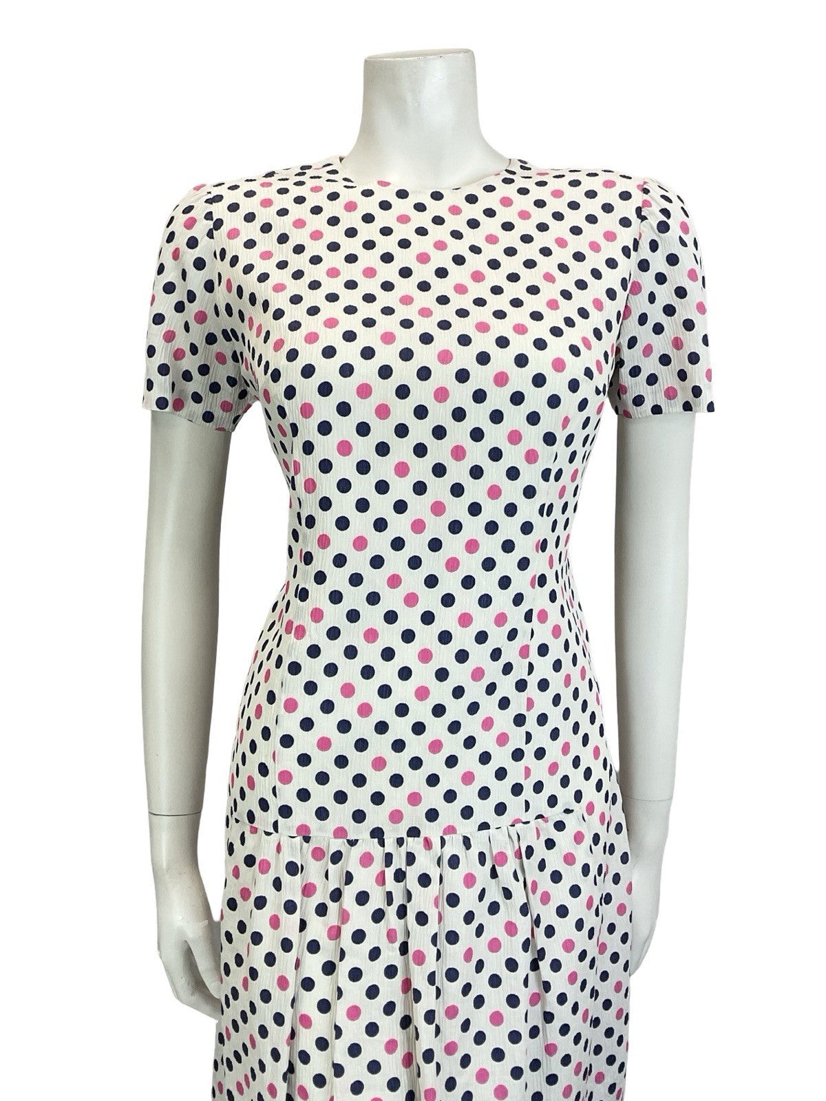 VTG 60S WHITE PINK NAVY BLUE MOD POLKA DOT GEOMETRIC DROPPED WAIST MINI DRESS 12