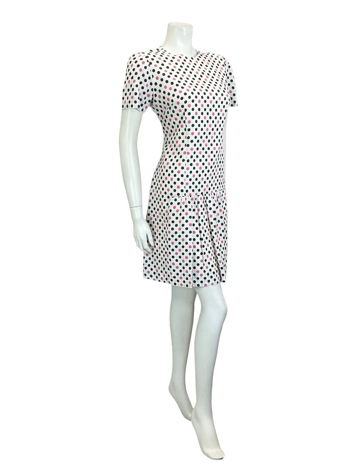 VTG 60S WHITE PINK NAVY BLUE MOD POLKA DOT GEOMETRIC DROPPED WAIST MINI DRESS 12