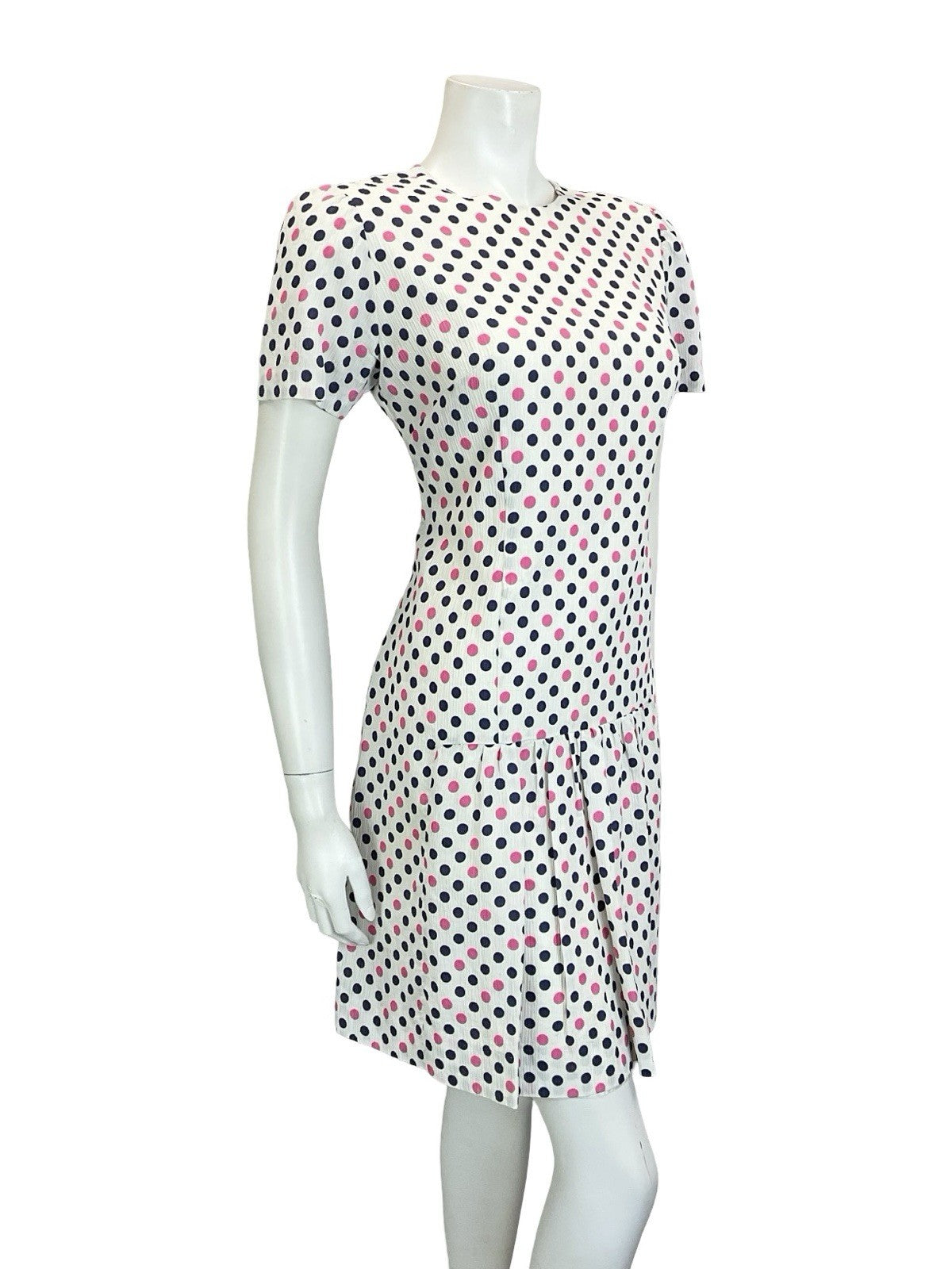 VTG 60S WHITE PINK NAVY BLUE MOD POLKA DOT GEOMETRIC DROPPED WAIST MINI DRESS 12