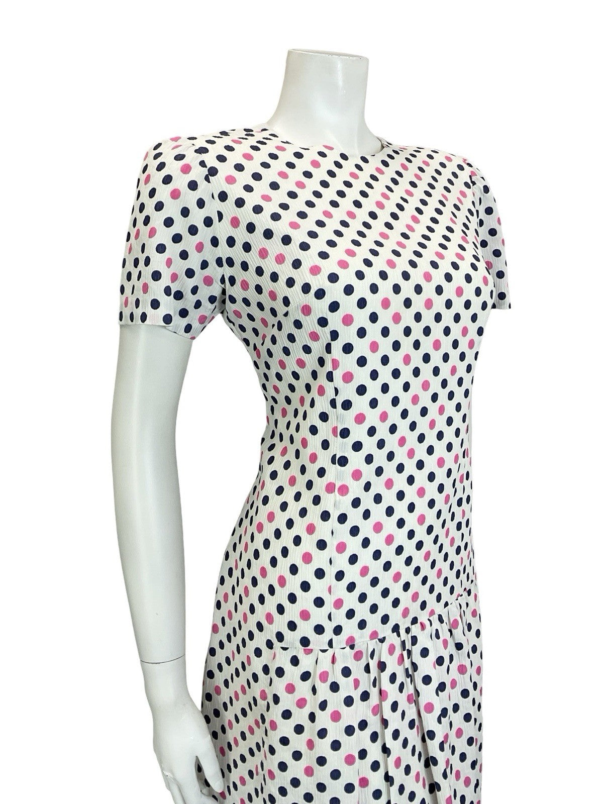 VTG 60S WHITE PINK NAVY BLUE MOD POLKA DOT GEOMETRIC DROPPED WAIST MINI DRESS 12