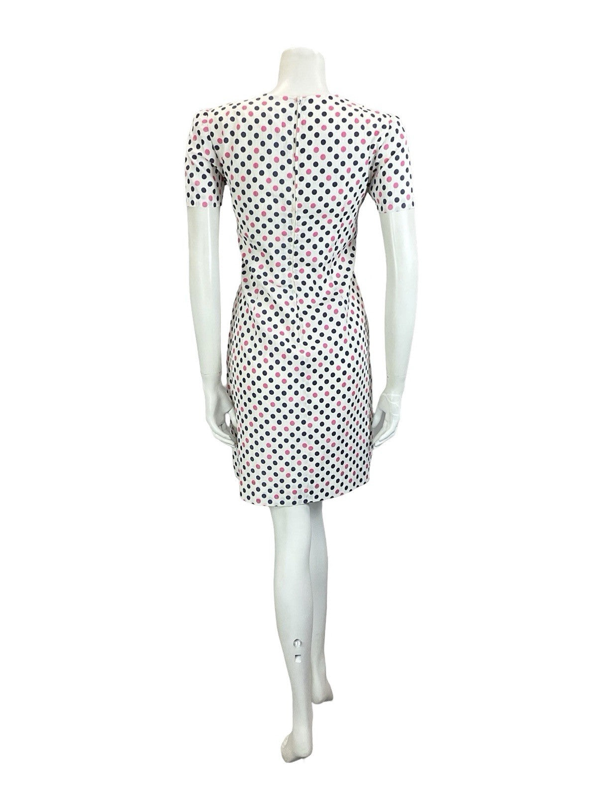 VTG 60S WHITE PINK NAVY BLUE MOD POLKA DOT GEOMETRIC DROPPED WAIST MINI DRESS 12