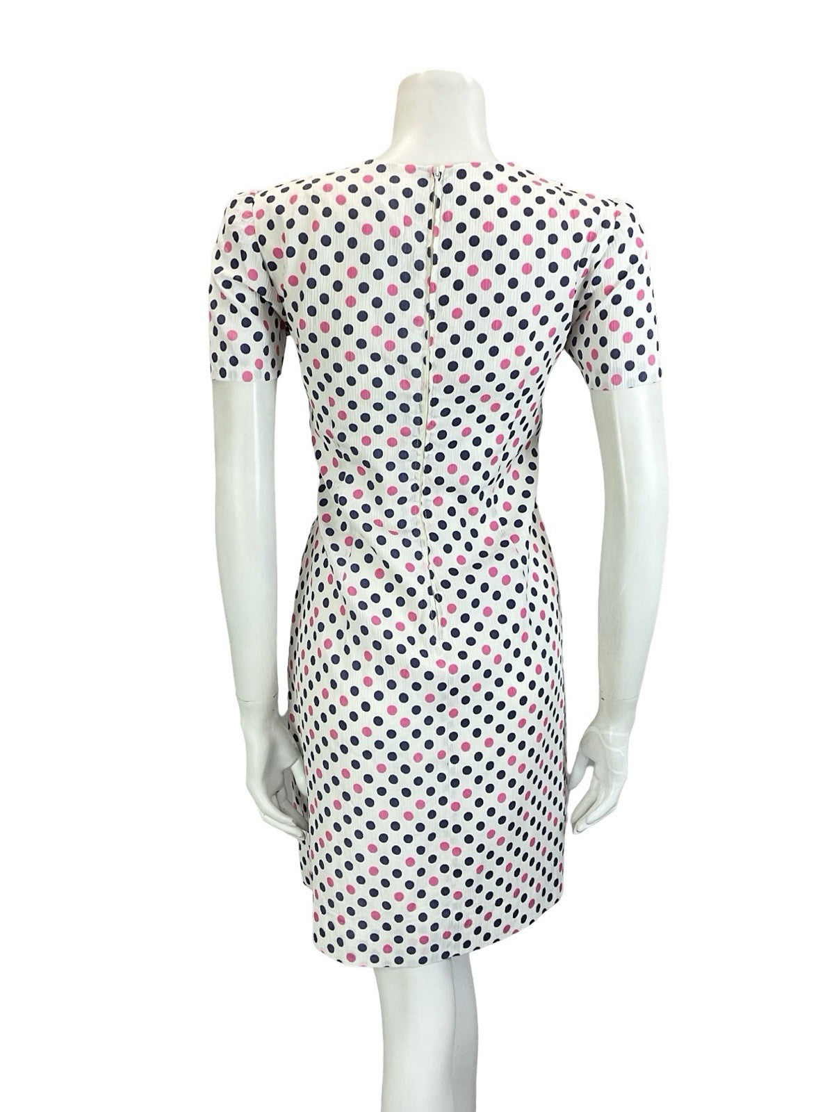 VTG 60S WHITE PINK NAVY BLUE MOD POLKA DOT GEOMETRIC DROPPED WAIST MINI DRESS 12