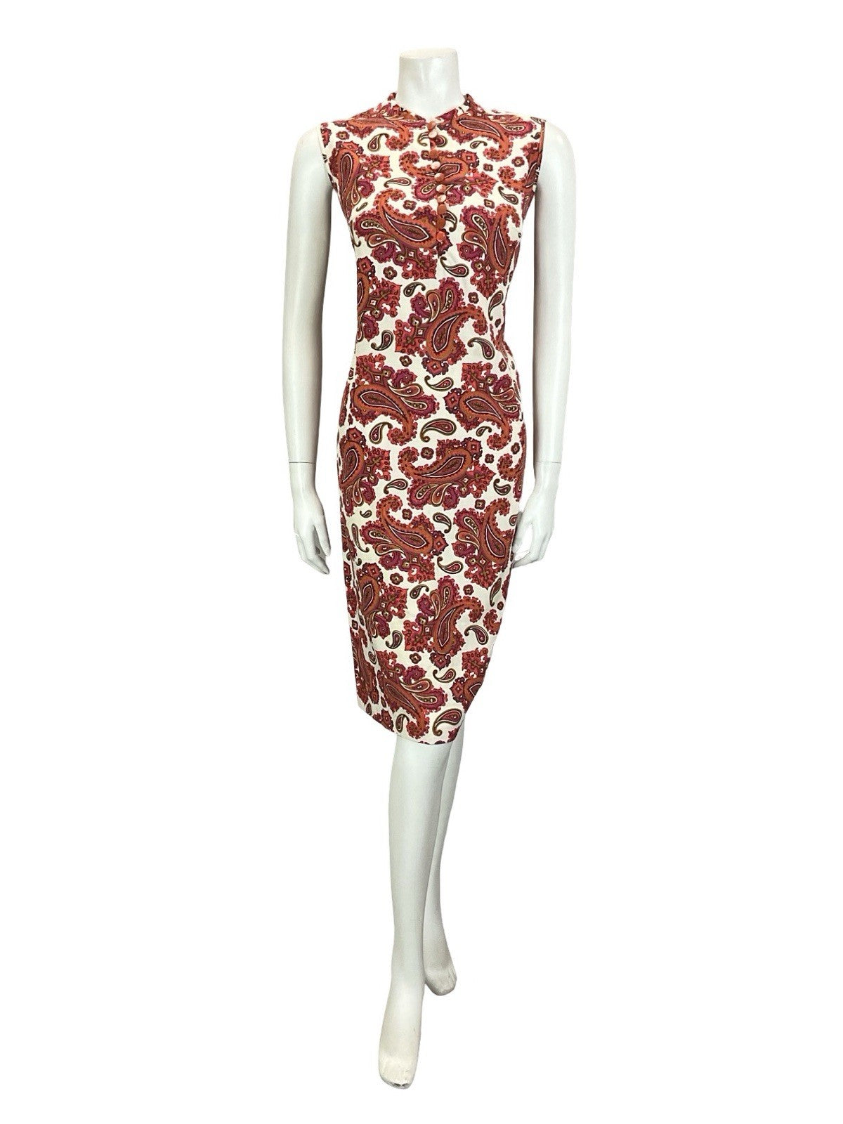 VTG 60S WHITE RED PINK BROWN PAISLEY PSYCHEDELIC COTTON SHIFT DRESS 14