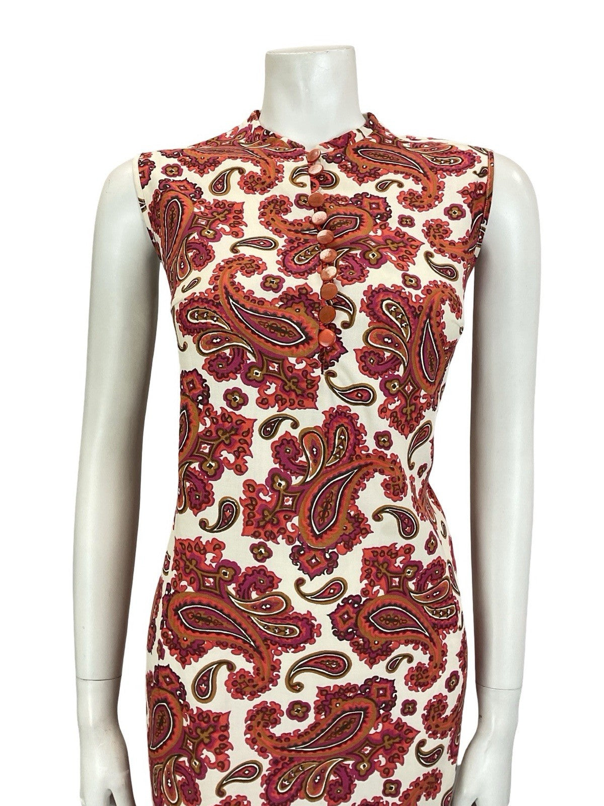 VTG 60S WHITE RED PINK BROWN PAISLEY PSYCHEDELIC COTTON SHIFT DRESS 14