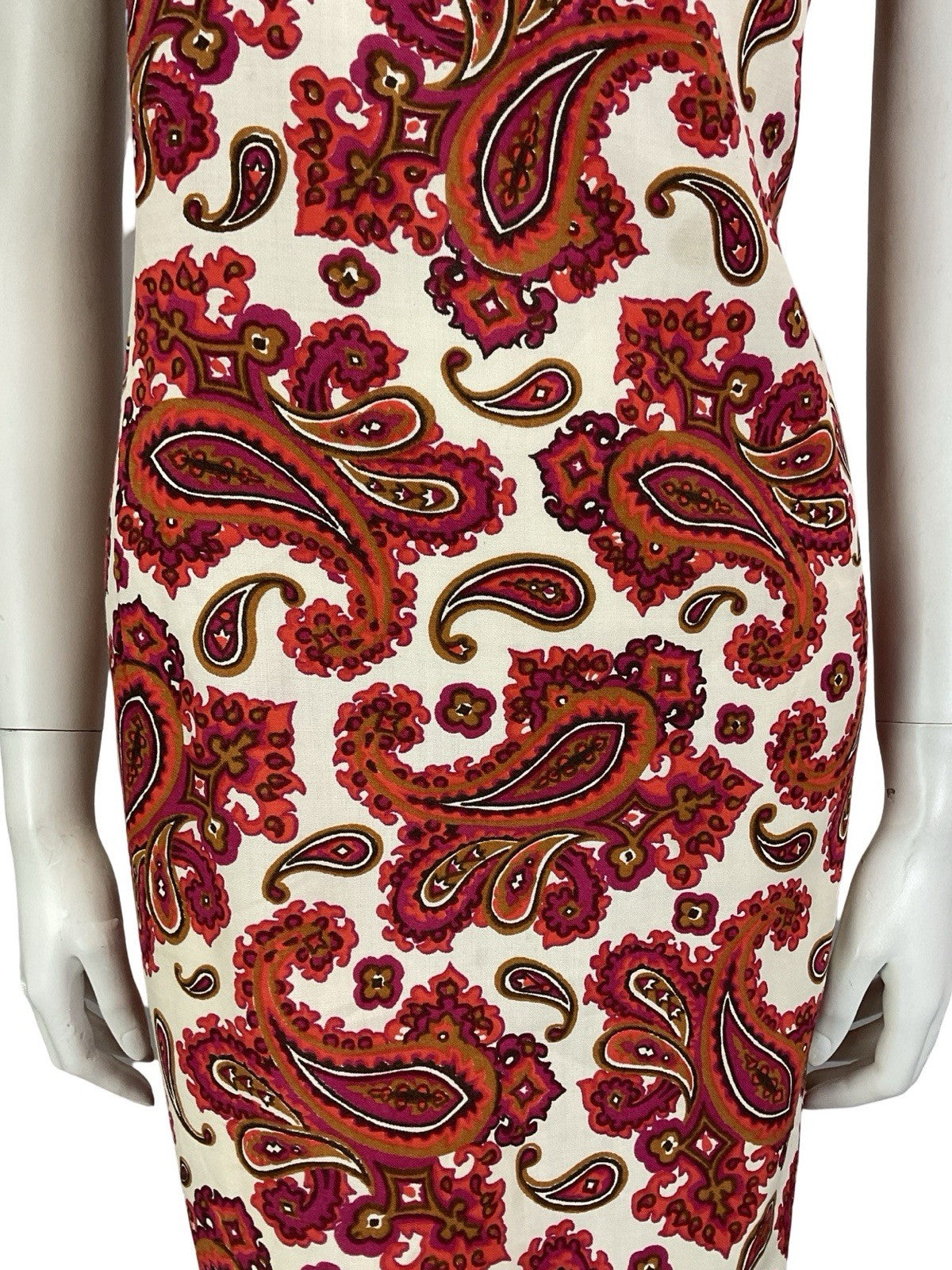 VTG 60S WHITE RED PINK BROWN PAISLEY PSYCHEDELIC COTTON SHIFT DRESS 14