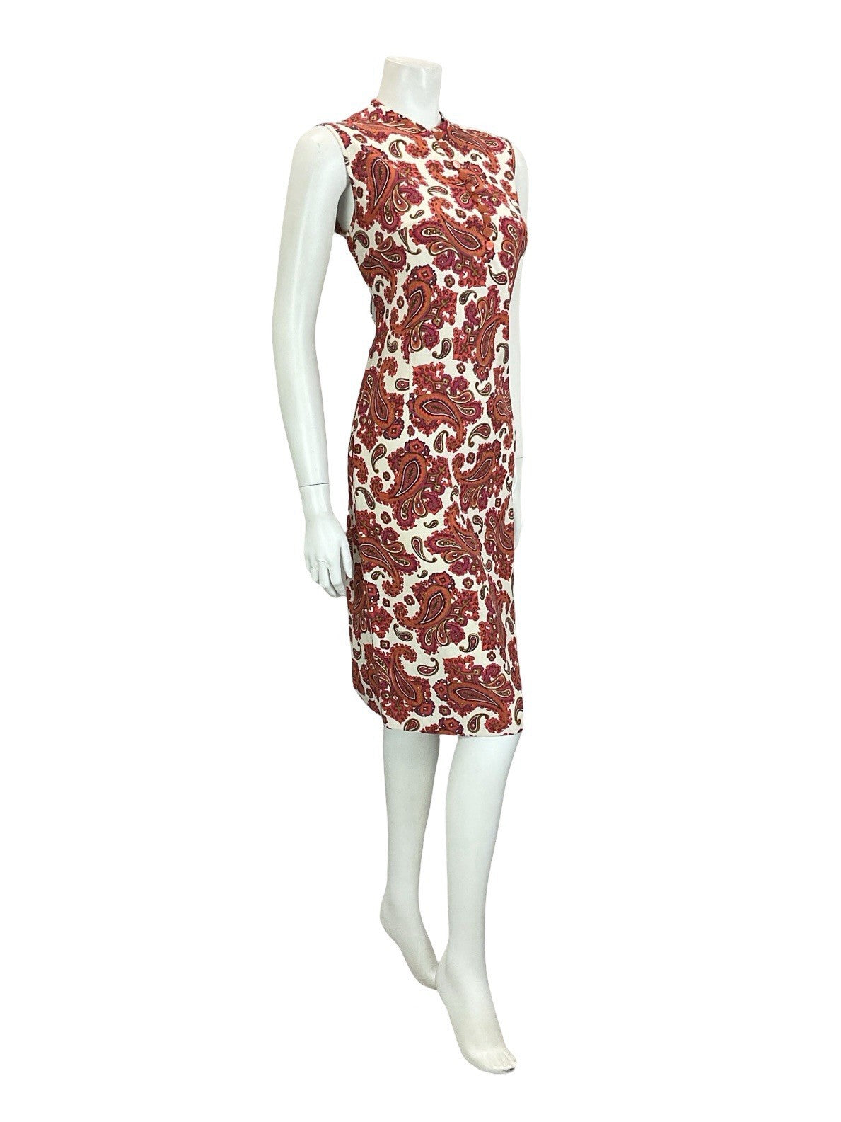 VTG 60S WHITE RED PINK BROWN PAISLEY PSYCHEDELIC COTTON SHIFT DRESS 14