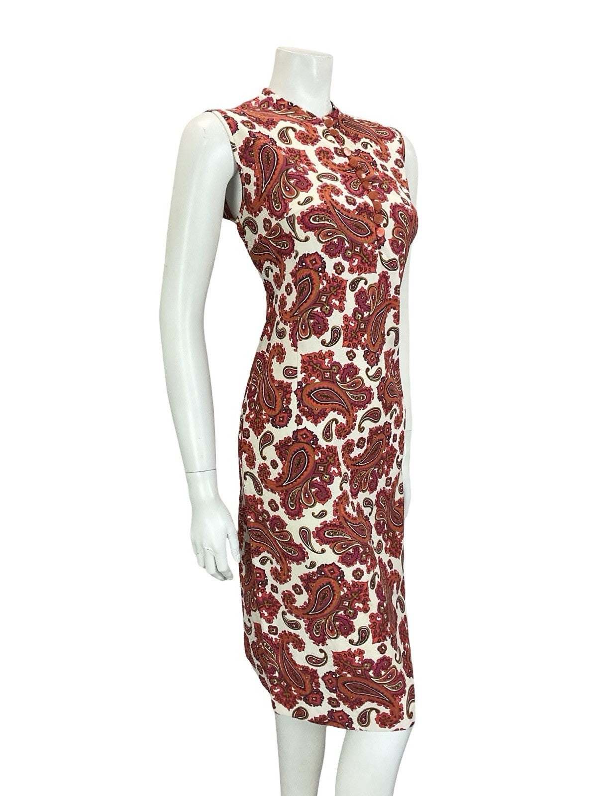 VTG 60S WHITE RED PINK BROWN PAISLEY PSYCHEDELIC COTTON SHIFT DRESS 14