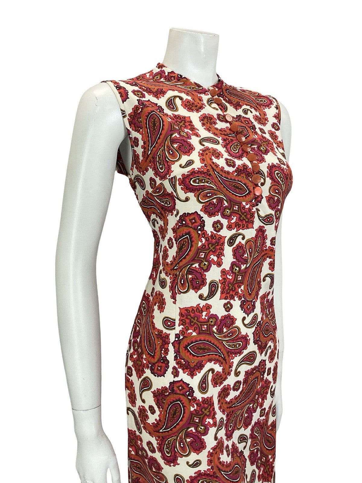 VTG 60S WHITE RED PINK BROWN PAISLEY PSYCHEDELIC COTTON SHIFT DRESS 14