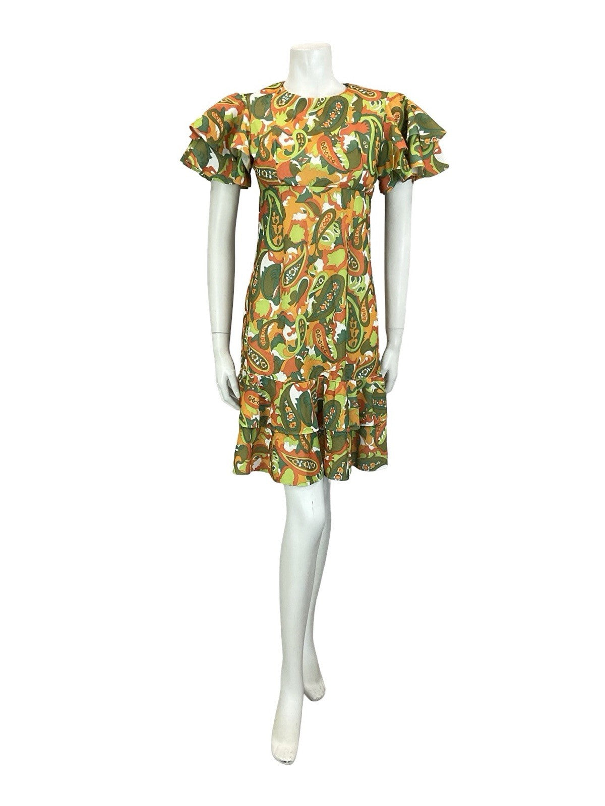 VTG 60S 70S GREEN ORANGE RED PSYCHEDELIC PAISLEY EMPIRE ANGEL SLEEVE DRESS 8