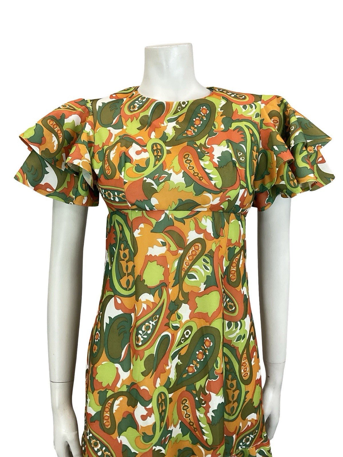 VTG 60S 70S GREEN ORANGE RED PSYCHEDELIC PAISLEY EMPIRE ANGEL SLEEVE DRESS 8