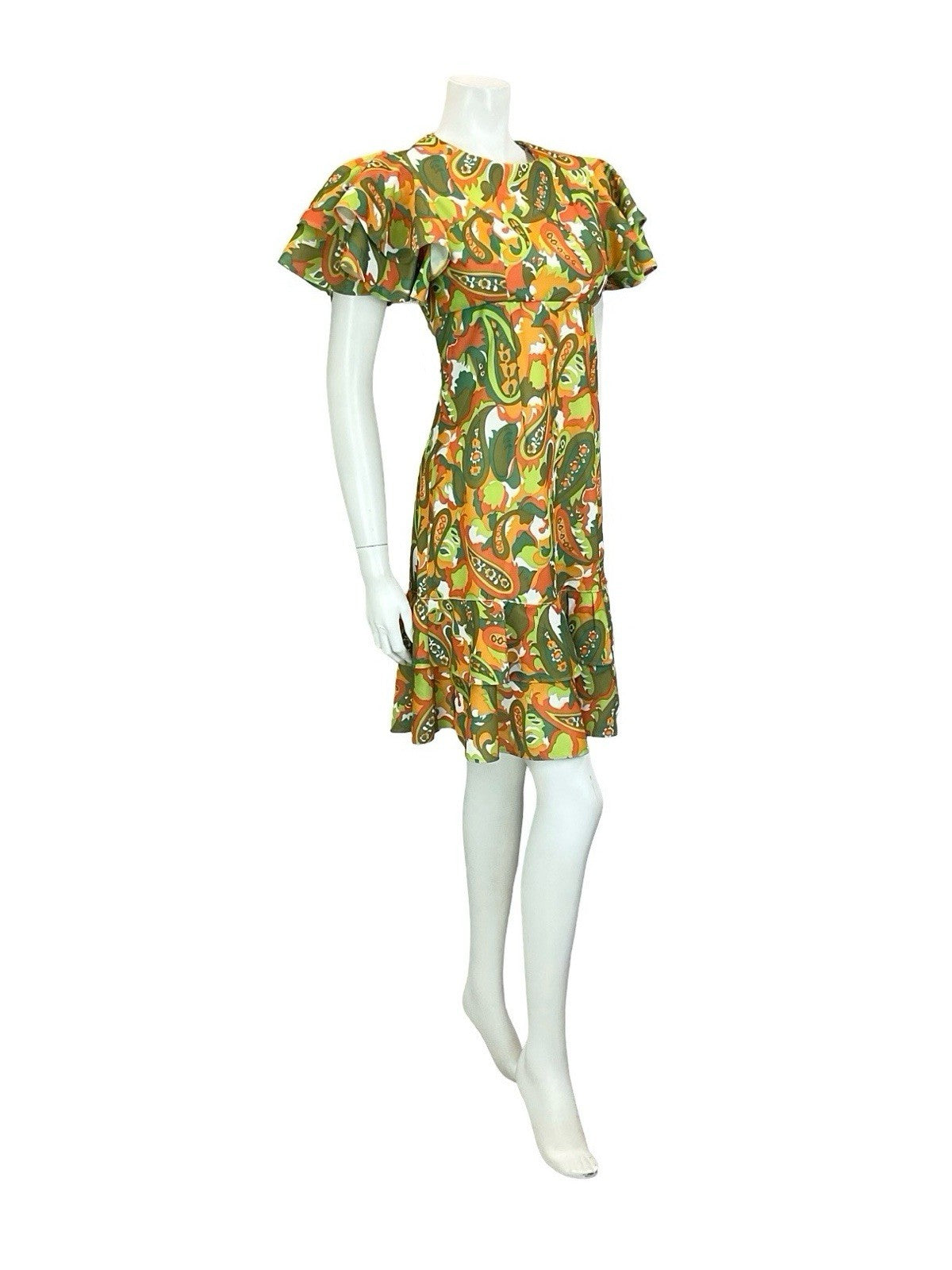 VTG 60S 70S GREEN ORANGE RED PSYCHEDELIC PAISLEY EMPIRE ANGEL SLEEVE DRESS 8