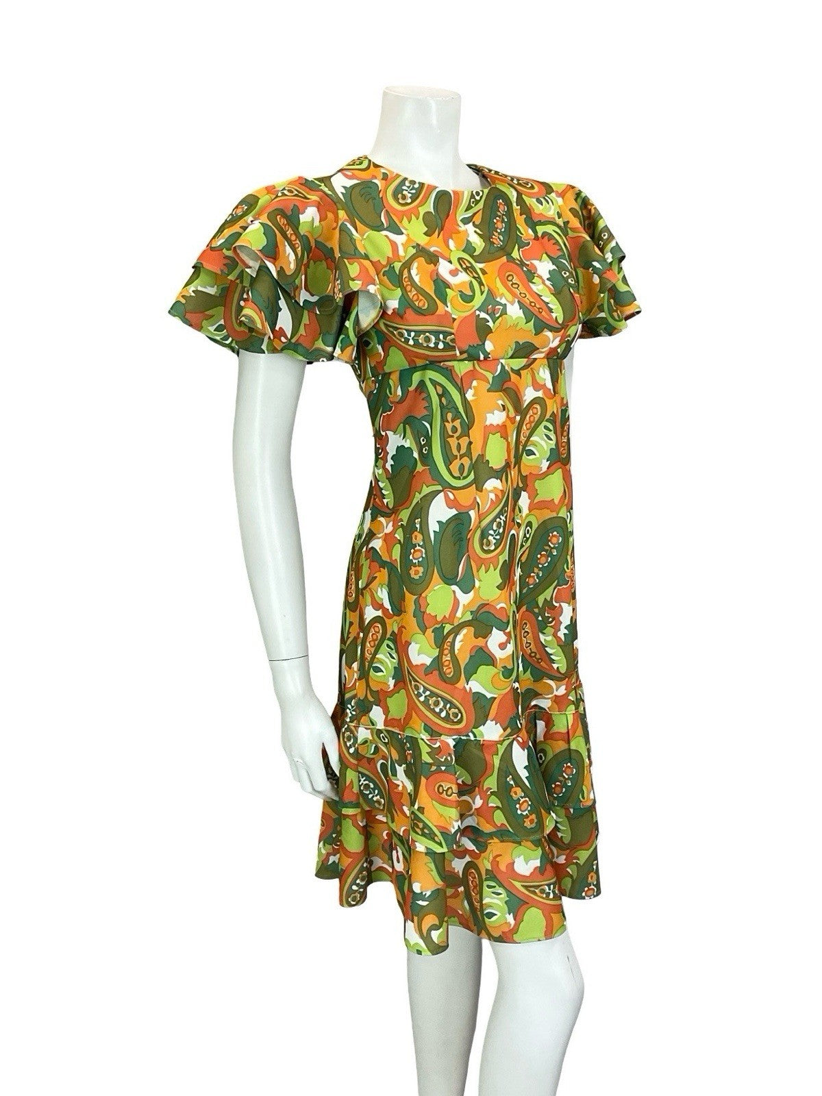 VTG 60S 70S GREEN ORANGE RED PSYCHEDELIC PAISLEY EMPIRE ANGEL SLEEVE DRESS 8