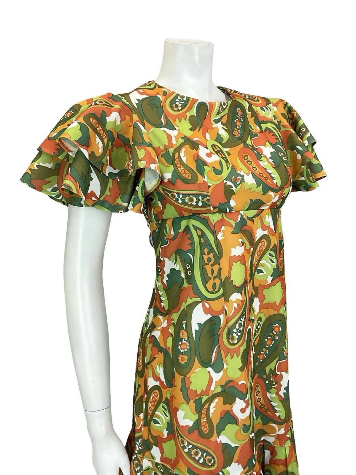 VTG 60S 70S GREEN ORANGE RED PSYCHEDELIC PAISLEY EMPIRE ANGEL SLEEVE DRESS 8