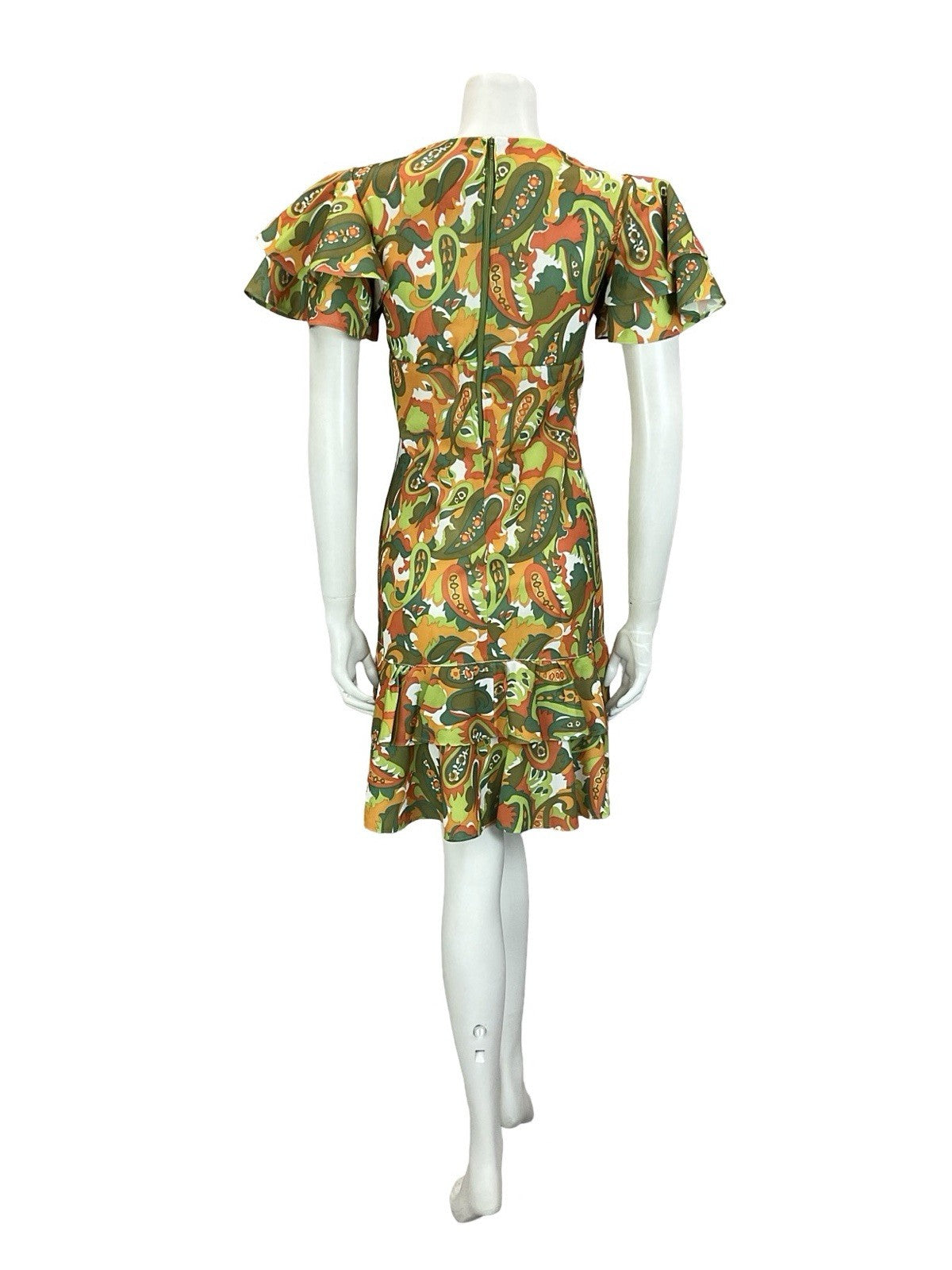 VTG 60S 70S GREEN ORANGE RED PSYCHEDELIC PAISLEY EMPIRE ANGEL SLEEVE DRESS 8