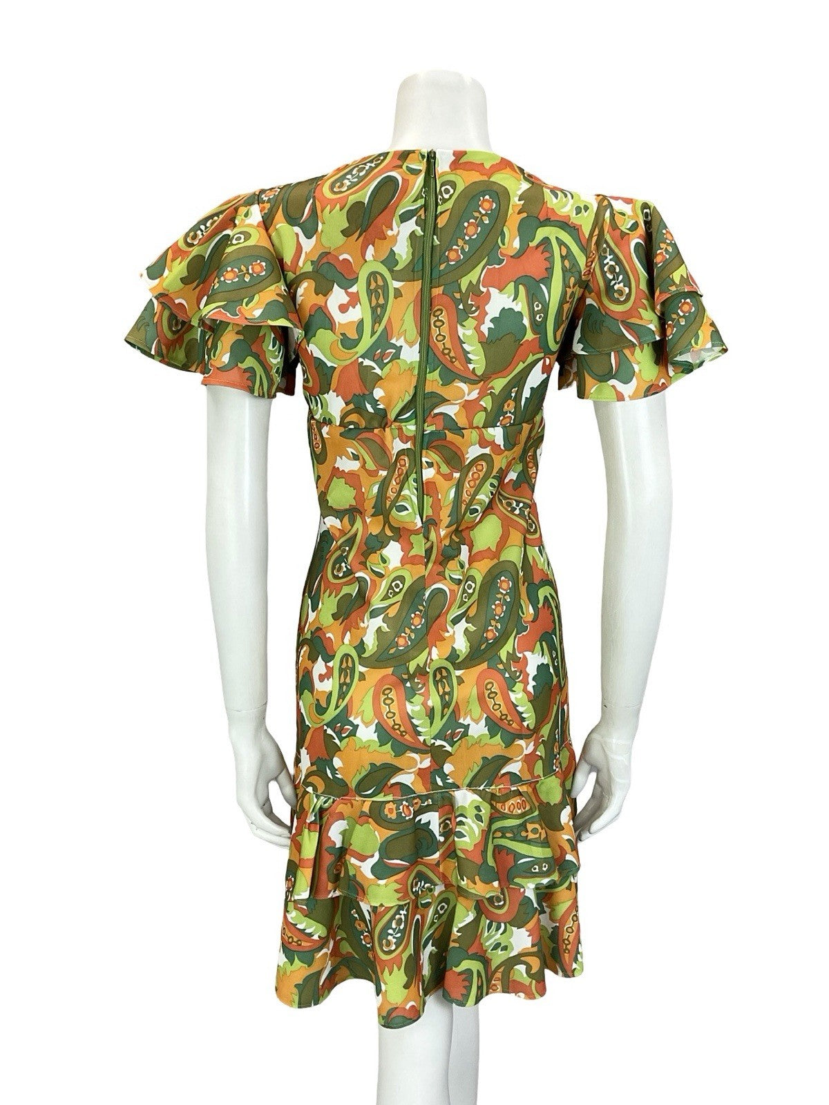 VTG 60S 70S GREEN ORANGE RED PSYCHEDELIC PAISLEY EMPIRE ANGEL SLEEVE DRESS 8