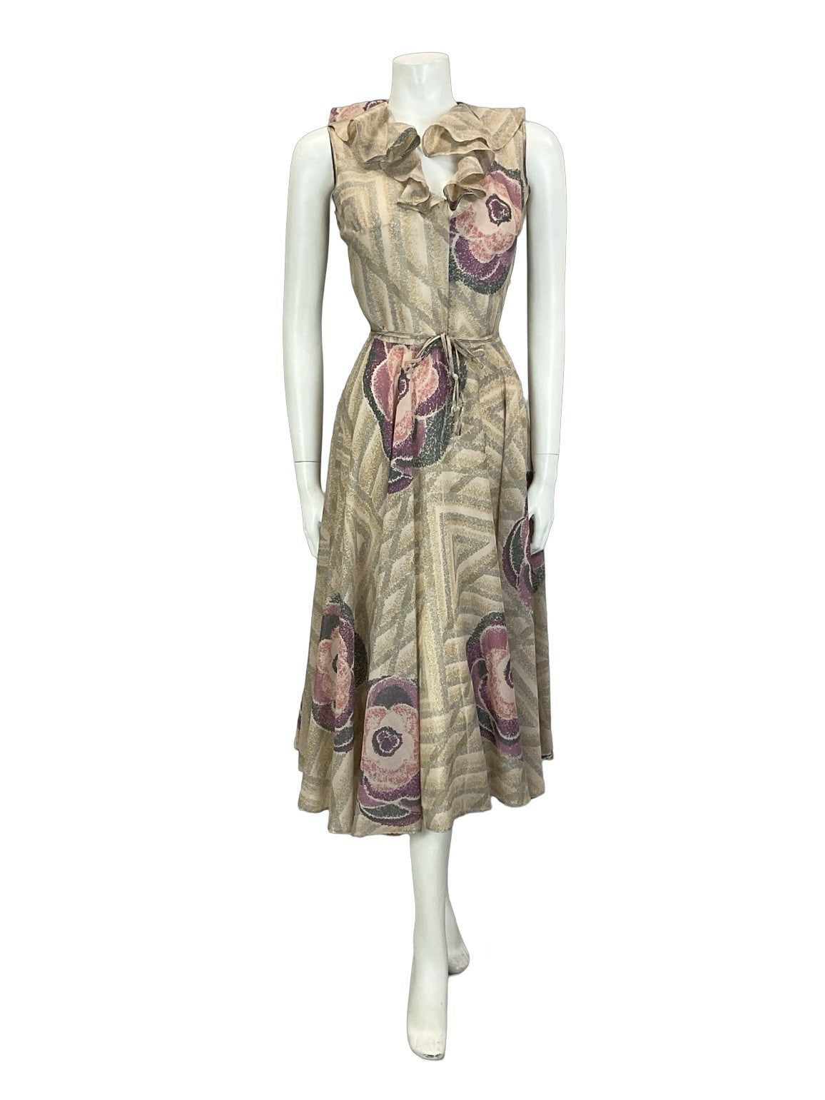 VTG 70S PINK GREY PURPLE GEOMETRIC ROSE RUFFLE V NECK TIE WAIST SWING DRESS 6 XS