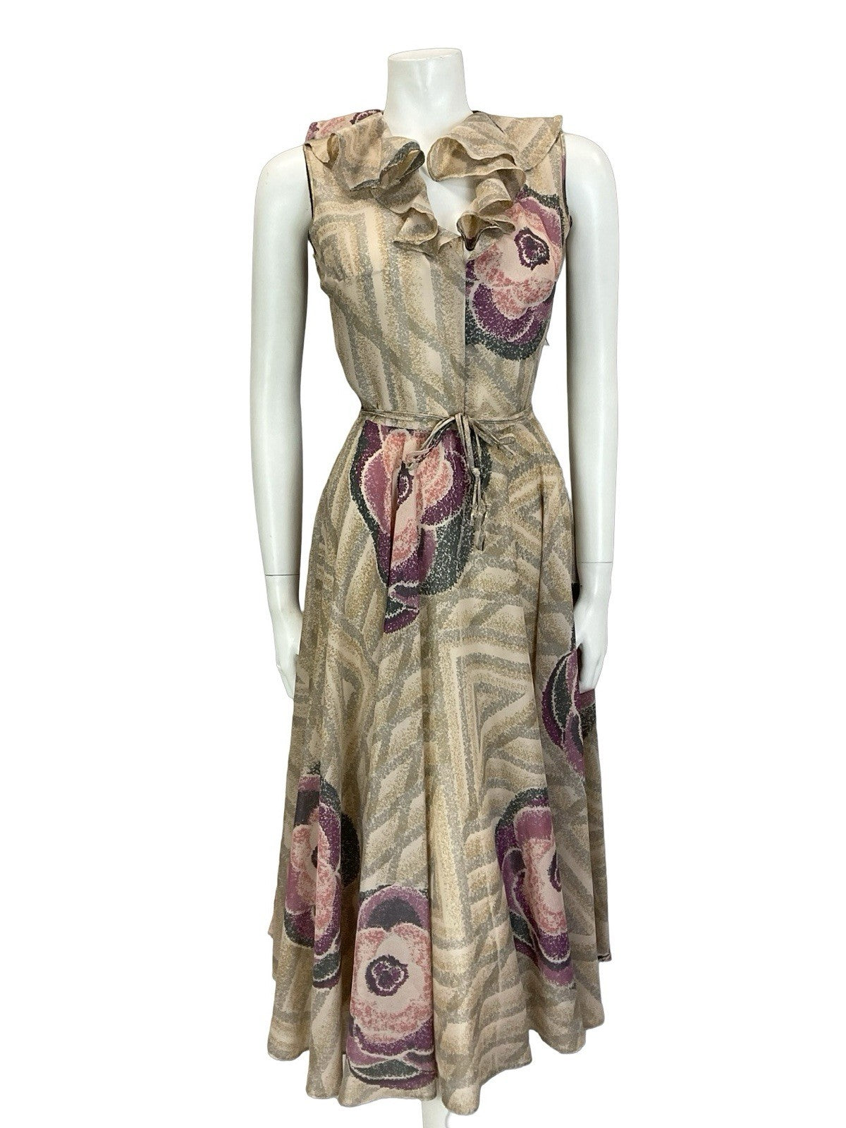 VTG 70S PINK GREY PURPLE GEOMETRIC ROSE RUFFLE V NECK TIE WAIST SWING DRESS 6 XS