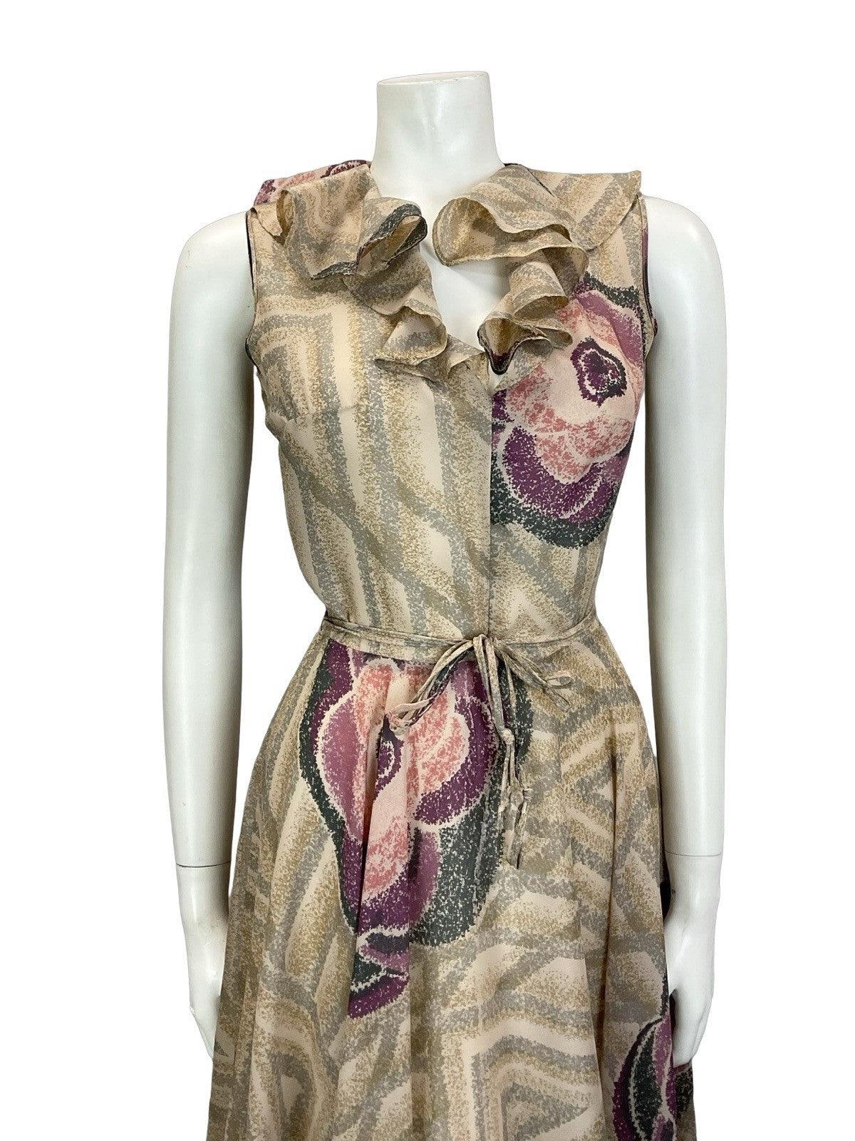 VTG 70S PINK GREY PURPLE GEOMETRIC ROSE RUFFLE V NECK TIE WAIST SWING DRESS 6 XS