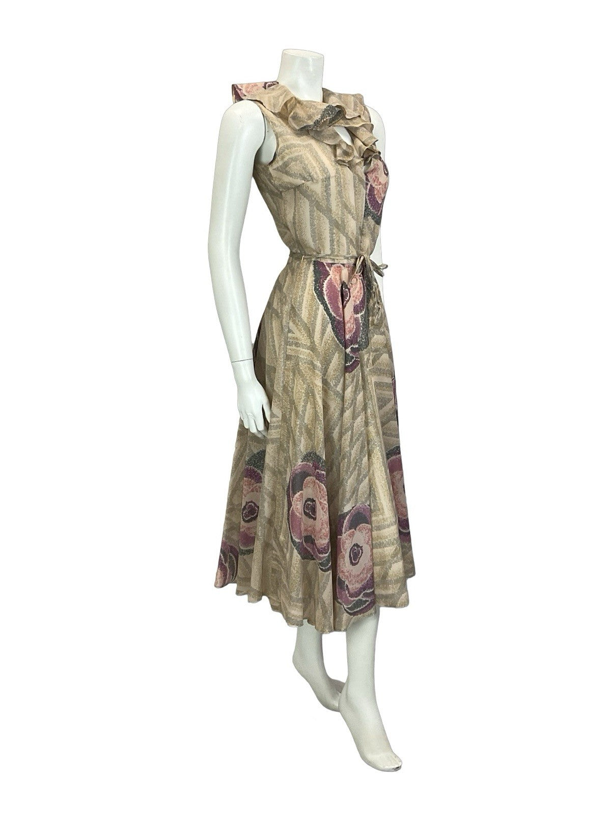 VTG 70S PINK GREY PURPLE GEOMETRIC ROSE RUFFLE V NECK TIE WAIST SWING DRESS 6 XS