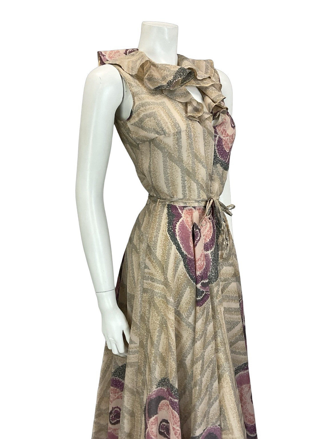 VTG 70S PINK GREY PURPLE GEOMETRIC ROSE RUFFLE V NECK TIE WAIST SWING DRESS 6 XS
