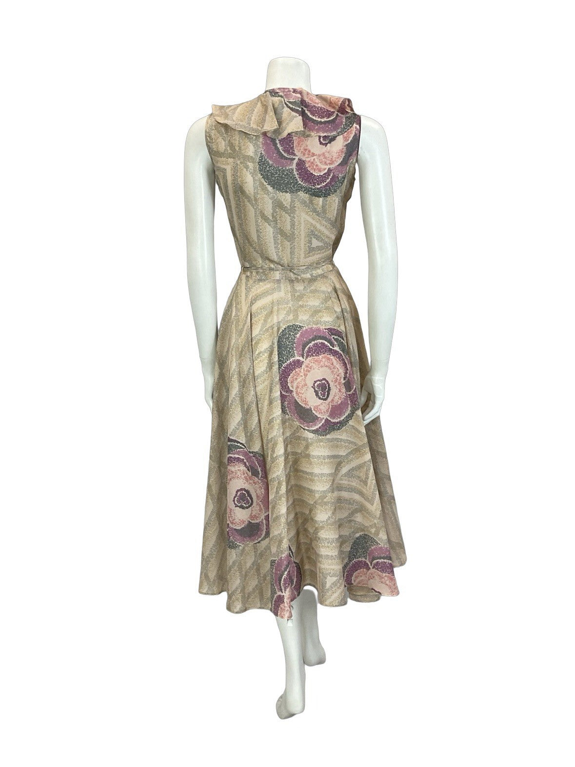 VTG 70S PINK GREY PURPLE GEOMETRIC ROSE RUFFLE V NECK TIE WAIST SWING DRESS 6 XS