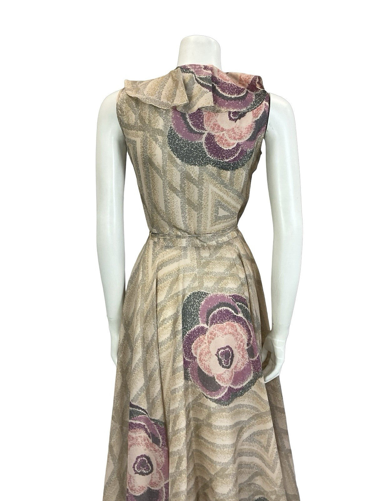 VTG 70S PINK GREY PURPLE GEOMETRIC ROSE RUFFLE V NECK TIE WAIST SWING DRESS 6 XS