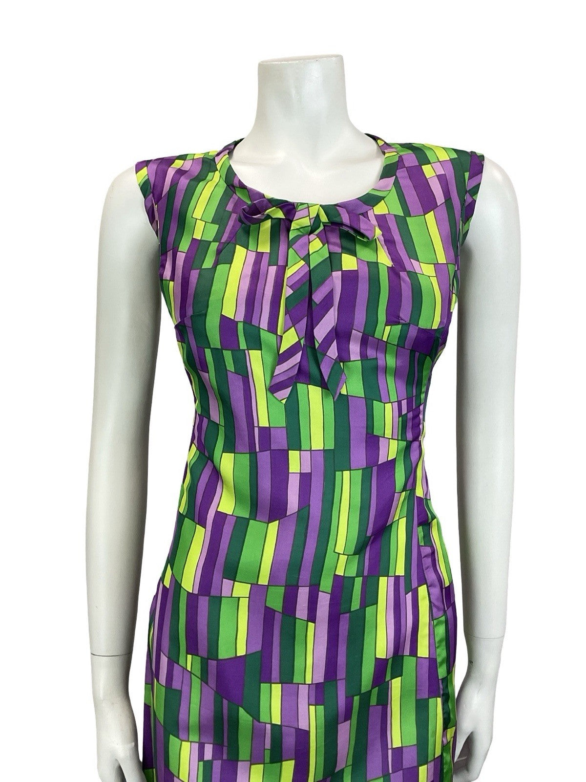 VTG 60S MOD GOGO GREEN PURPLE GEOMETRIC TILED BOW MIDI SHIFT DRESS 12