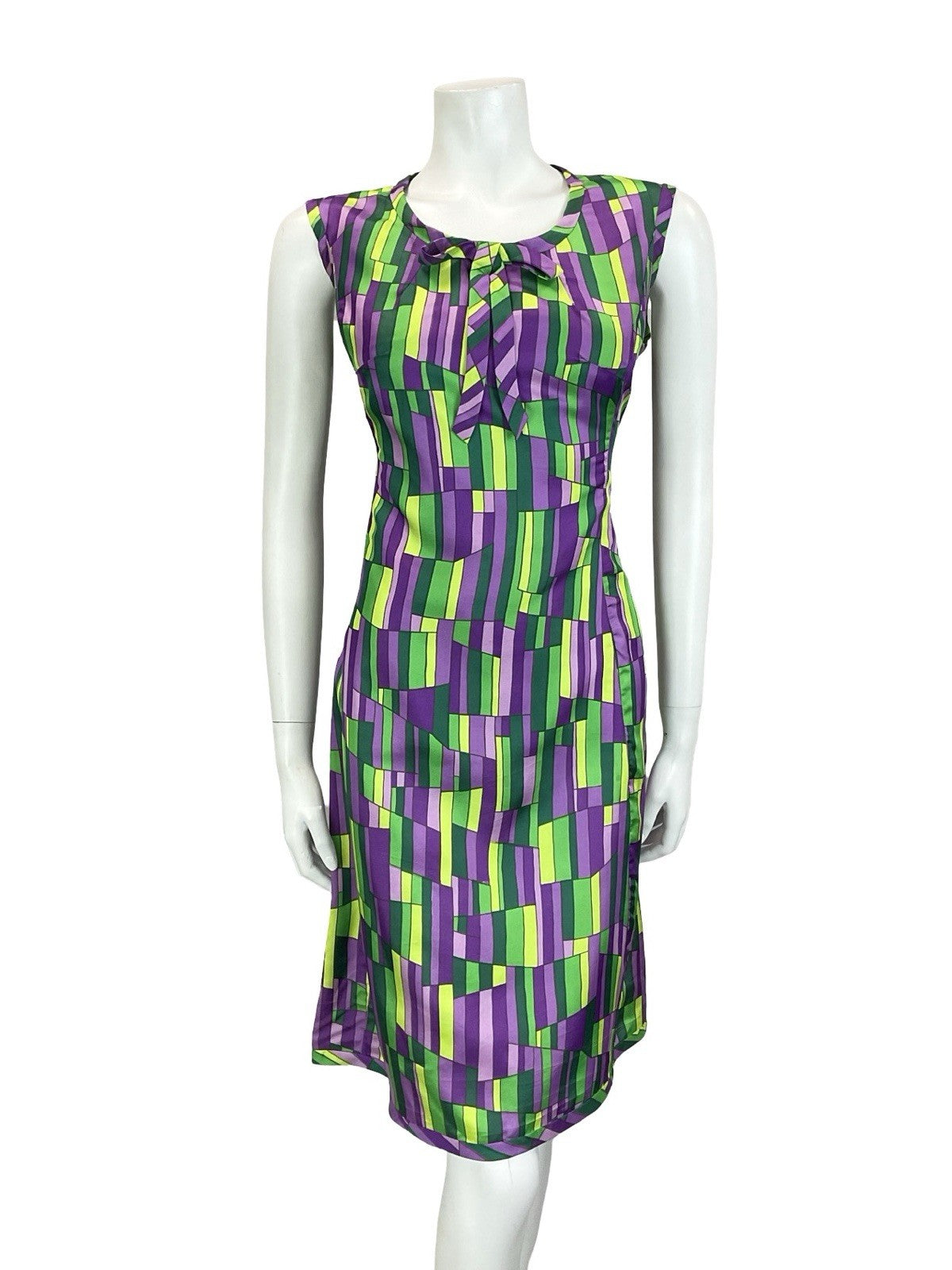 VTG 60S MOD GOGO GREEN PURPLE GEOMETRIC TILED BOW MIDI SHIFT DRESS 12