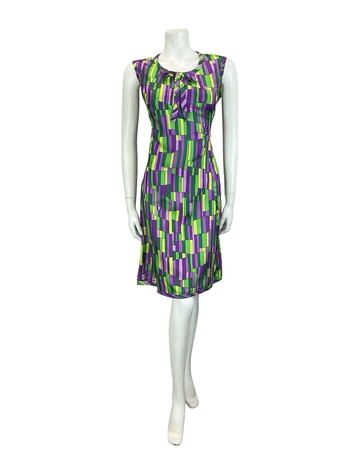 VTG 60S MOD GOGO GREEN PURPLE GEOMETRIC TILED BOW MIDI SHIFT DRESS 12