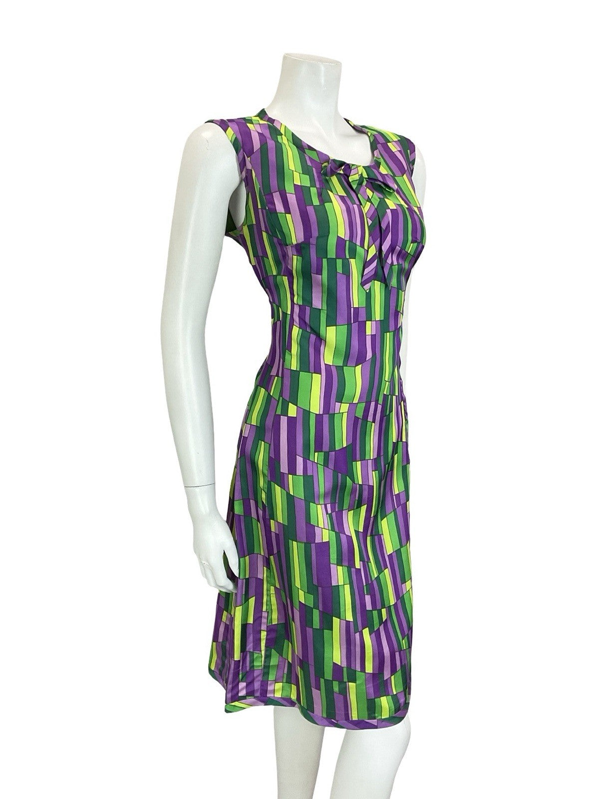 VTG 60S MOD GOGO GREEN PURPLE GEOMETRIC TILED BOW MIDI SHIFT DRESS 12