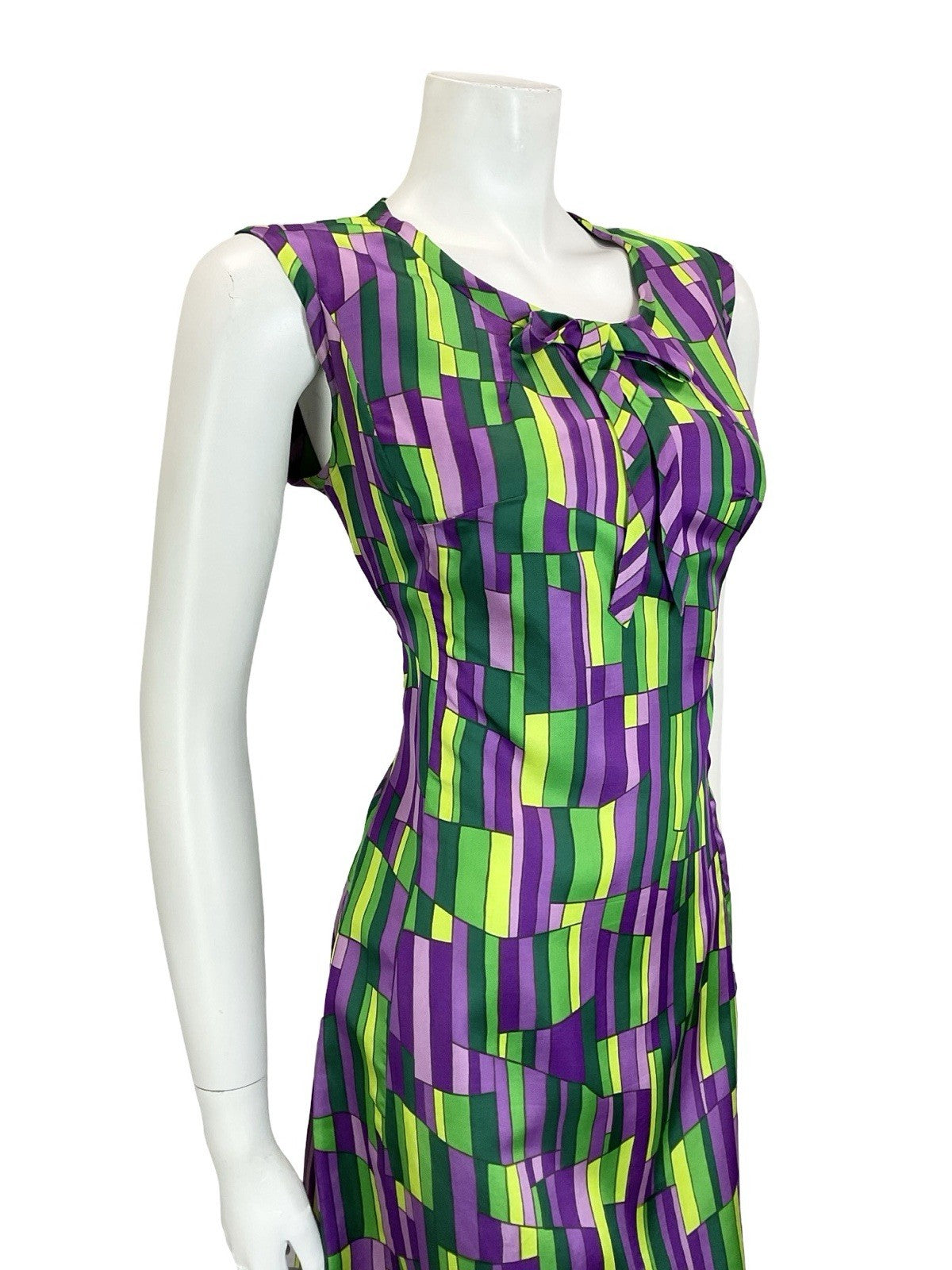 VTG 60S MOD GOGO GREEN PURPLE GEOMETRIC TILED BOW MIDI SHIFT DRESS 12