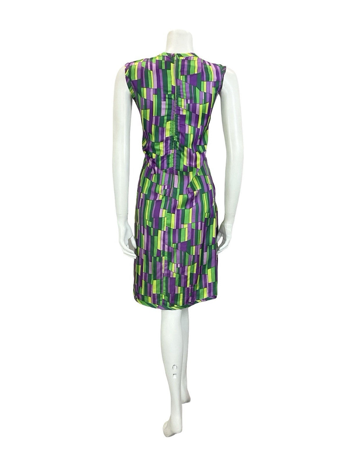 VTG 60S MOD GOGO GREEN PURPLE GEOMETRIC TILED BOW MIDI SHIFT DRESS 12