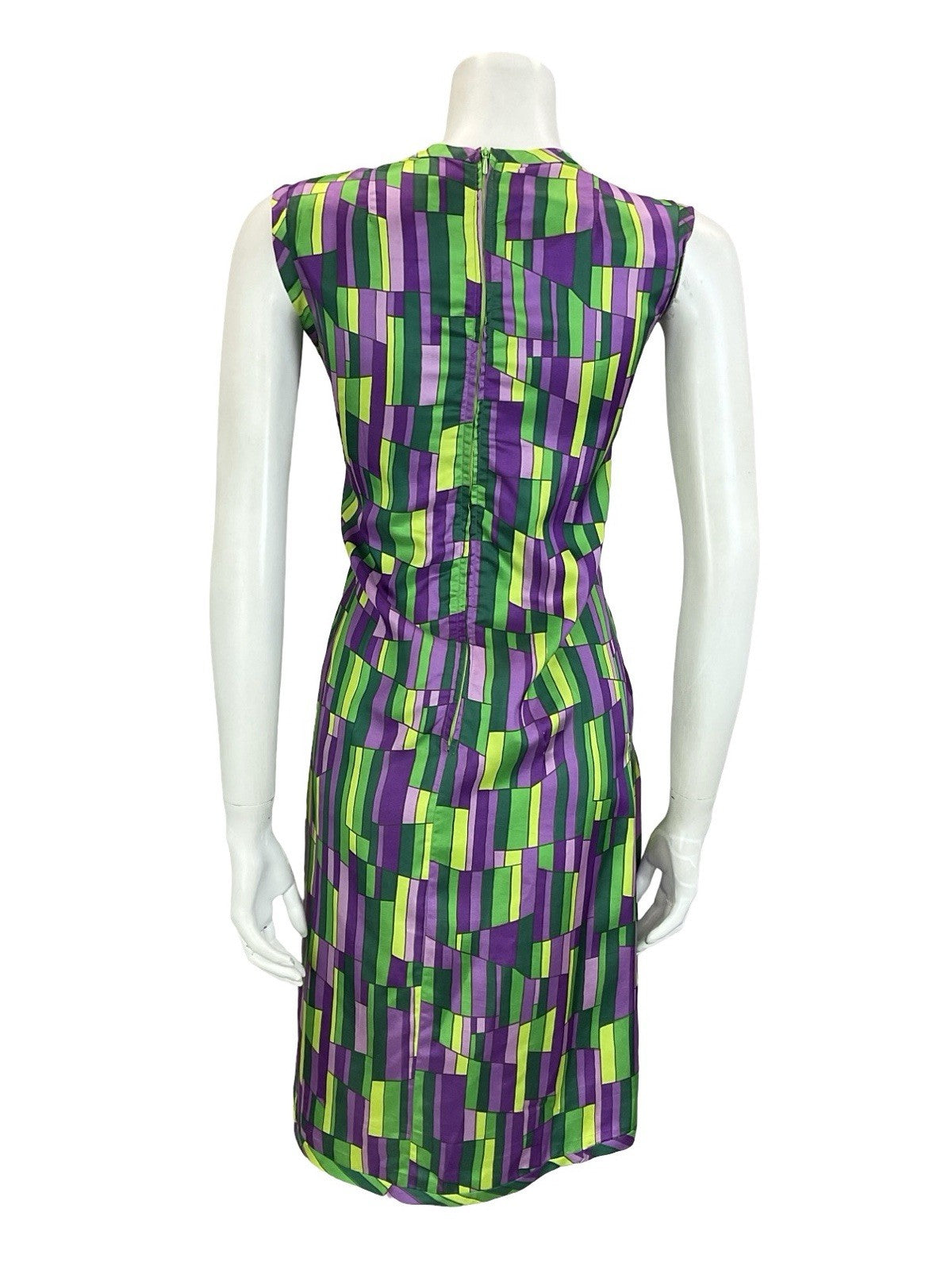 VTG 60S MOD GOGO GREEN PURPLE GEOMETRIC TILED BOW MIDI SHIFT DRESS 12