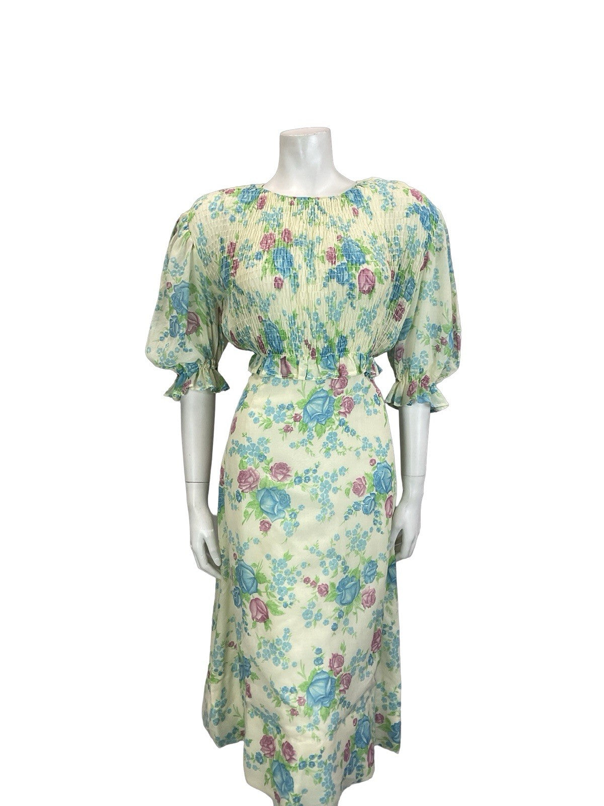 VTG 60S 70S CREAM BLUE PURPLE GREEN ROSE FLORAL RUCHED 1/2 SLEEVE TEA DRESS 10