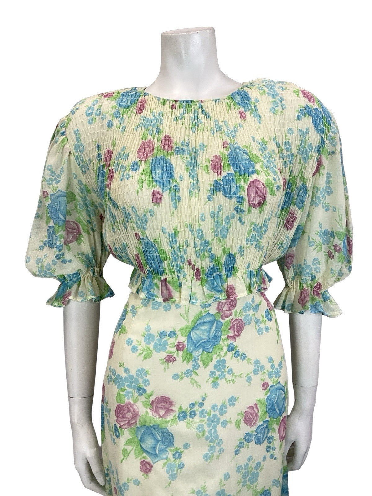 VTG 60S 70S CREAM BLUE PURPLE GREEN ROSE FLORAL RUCHED 1/2 SLEEVE TEA DRESS 10