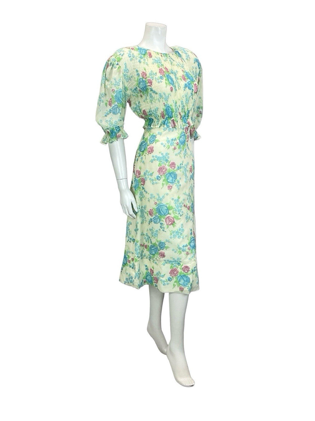 VTG 60S 70S CREAM BLUE PURPLE GREEN ROSE FLORAL RUCHED 1/2 SLEEVE TEA DRESS 10