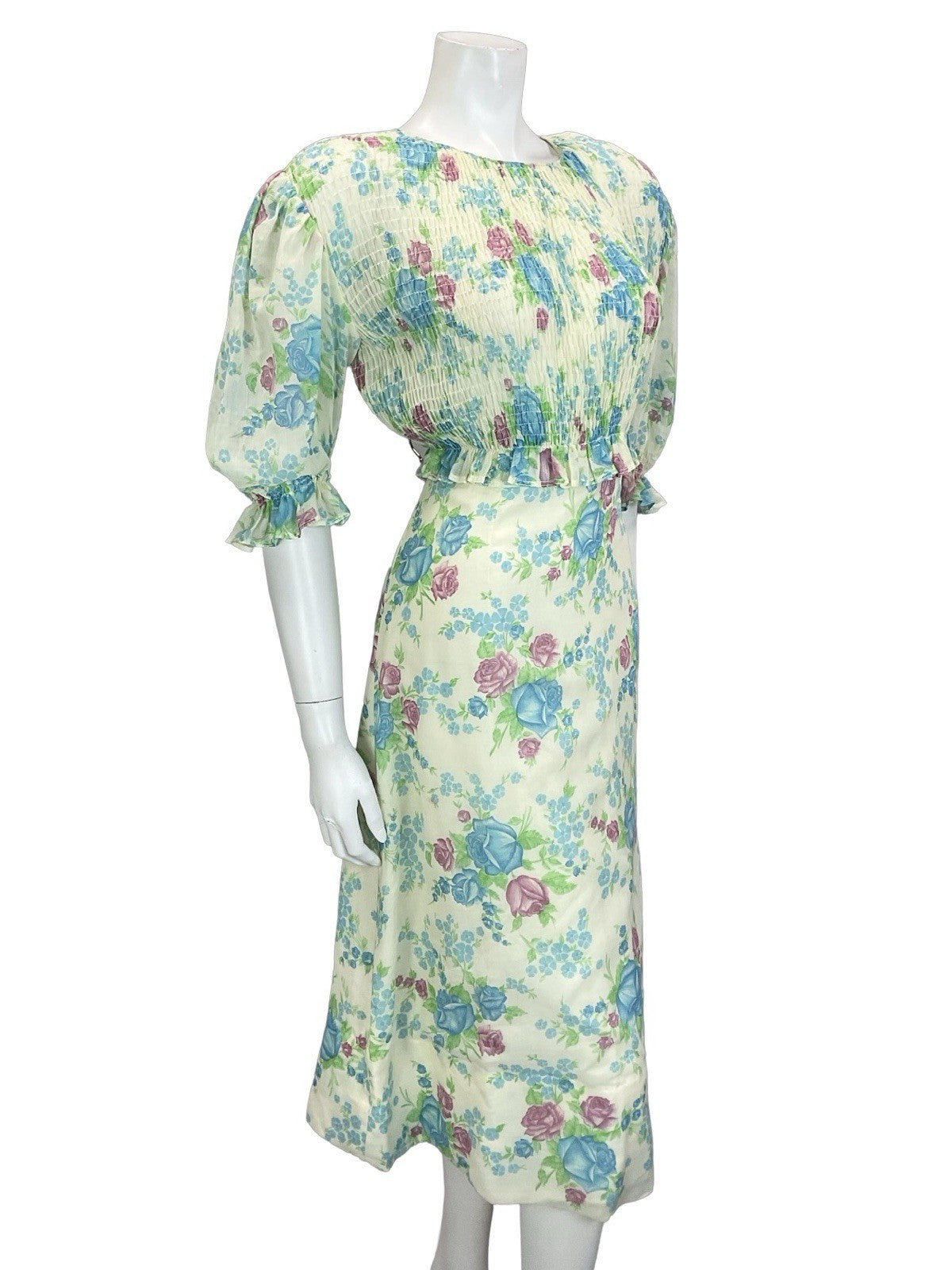 VTG 60S 70S CREAM BLUE PURPLE GREEN ROSE FLORAL RUCHED 1/2 SLEEVE TEA DRESS 10