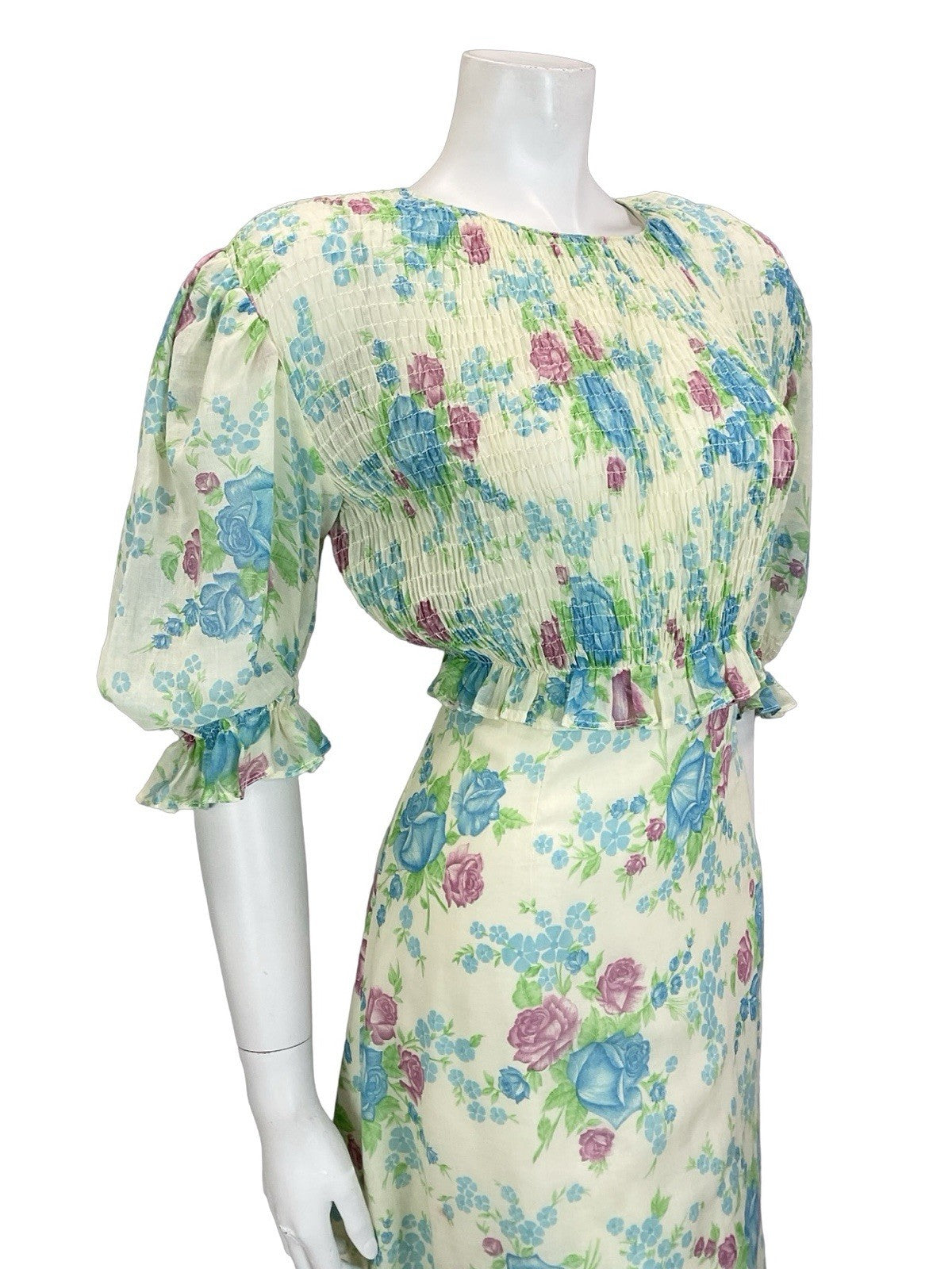 VTG 60S 70S CREAM BLUE PURPLE GREEN ROSE FLORAL RUCHED 1/2 SLEEVE TEA DRESS 10