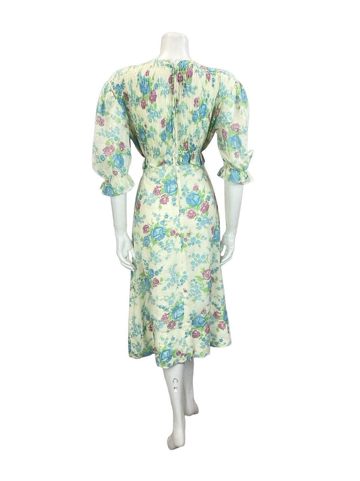 VTG 60S 70S CREAM BLUE PURPLE GREEN ROSE FLORAL RUCHED 1/2 SLEEVE TEA DRESS 10