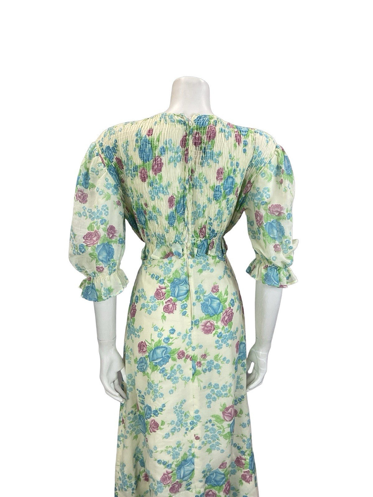VTG 60S 70S CREAM BLUE PURPLE GREEN ROSE FLORAL RUCHED 1/2 SLEEVE TEA DRESS 10