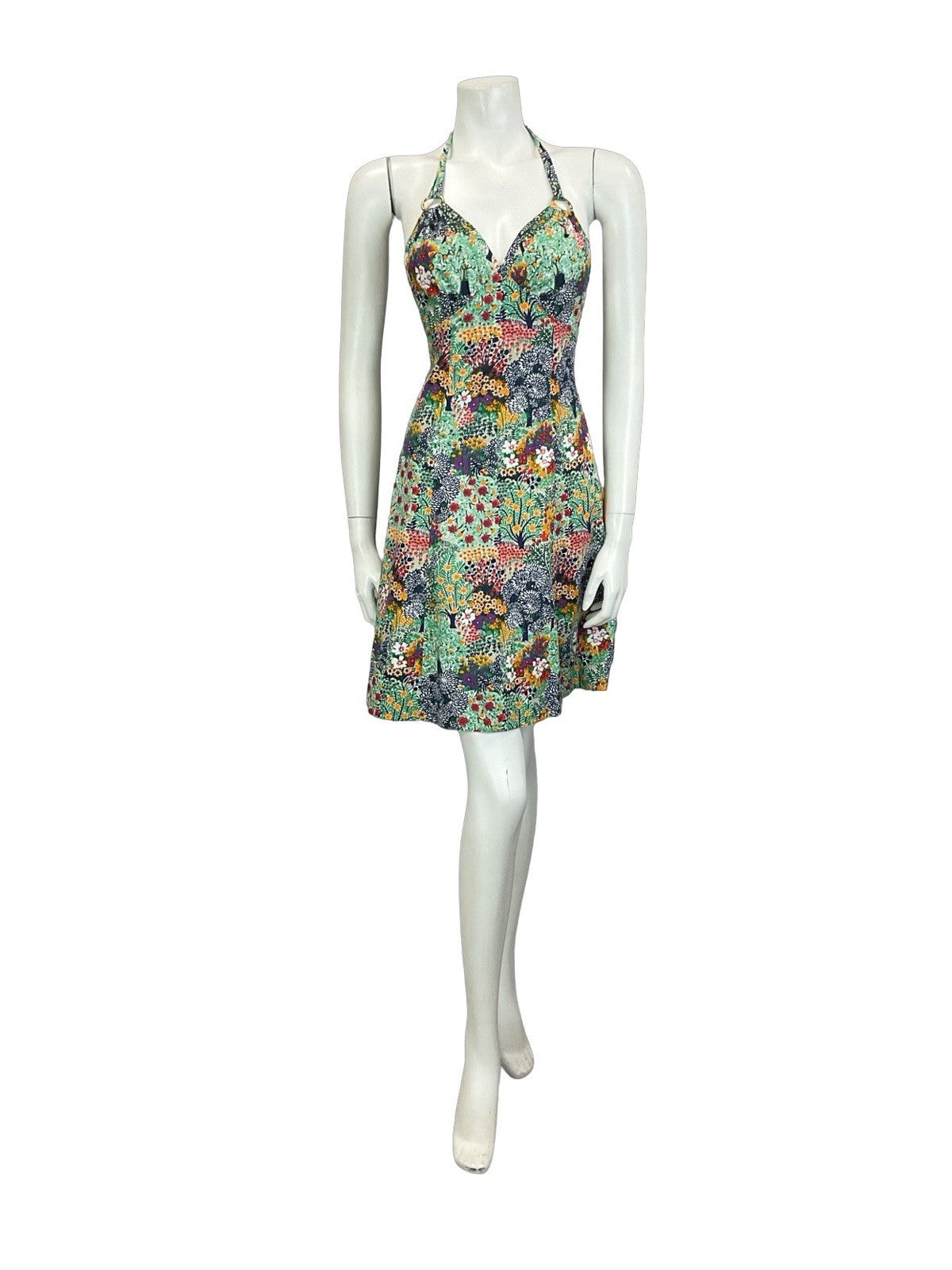VTG 60S 70S GREEN BLUE PURPLE YELLOW FLORAL TREE SUMMER HALTER NECK DRESS 8