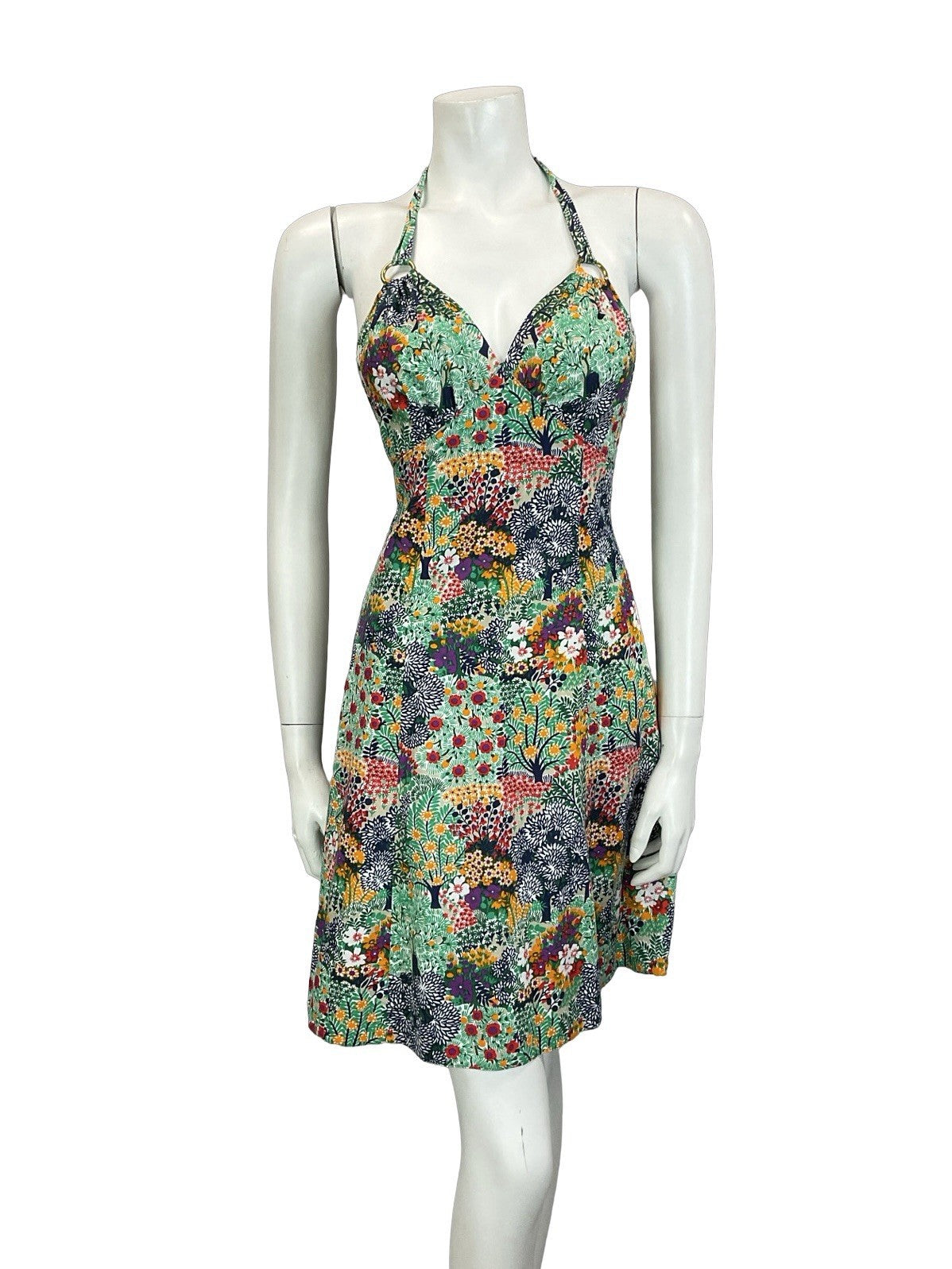 VTG 60S 70S GREEN BLUE PURPLE YELLOW FLORAL TREE SUMMER HALTER NECK DRESS 8