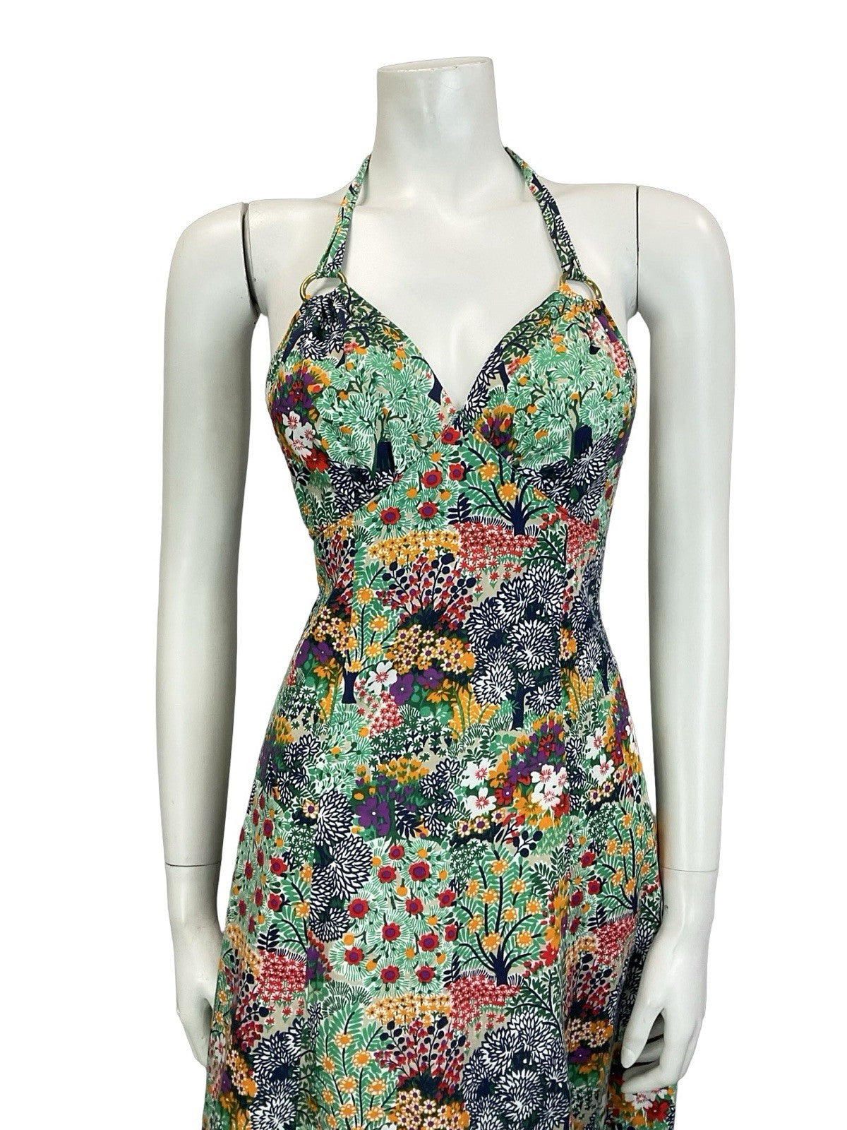 VTG 60S 70S GREEN BLUE PURPLE YELLOW FLORAL TREE SUMMER HALTER NECK DRESS 8