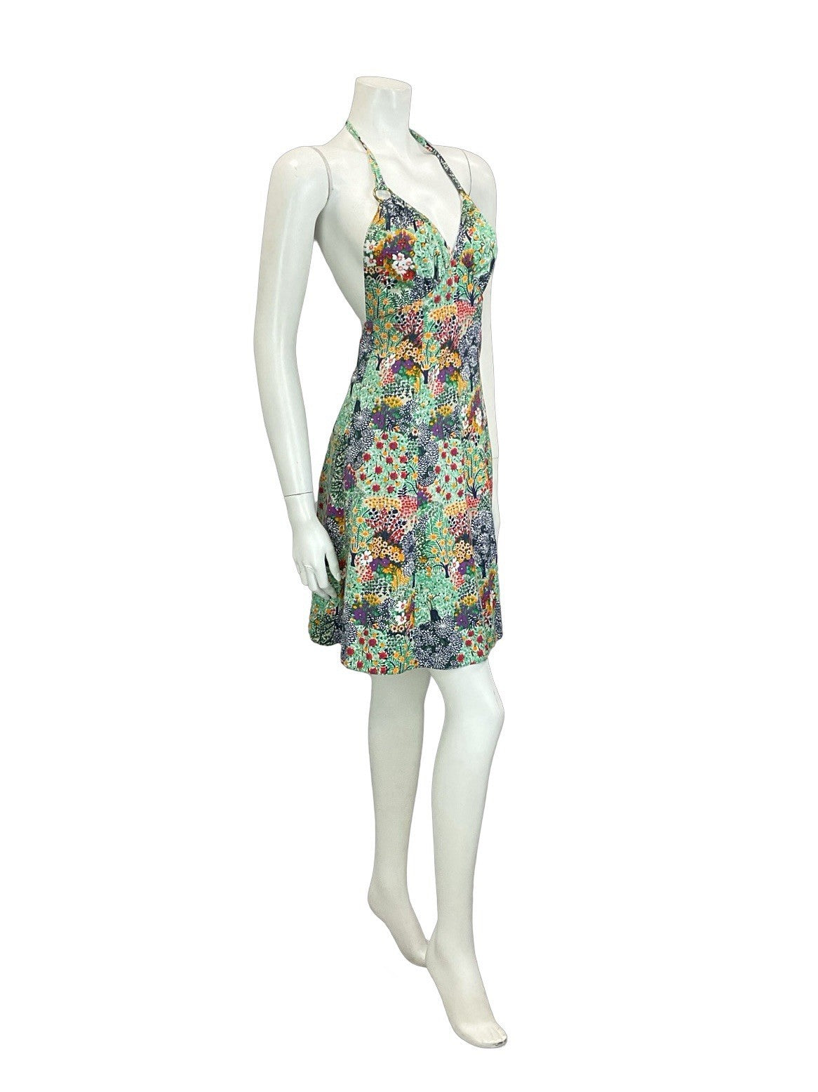 VTG 60S 70S GREEN BLUE PURPLE YELLOW FLORAL TREE SUMMER HALTER NECK DRESS 8