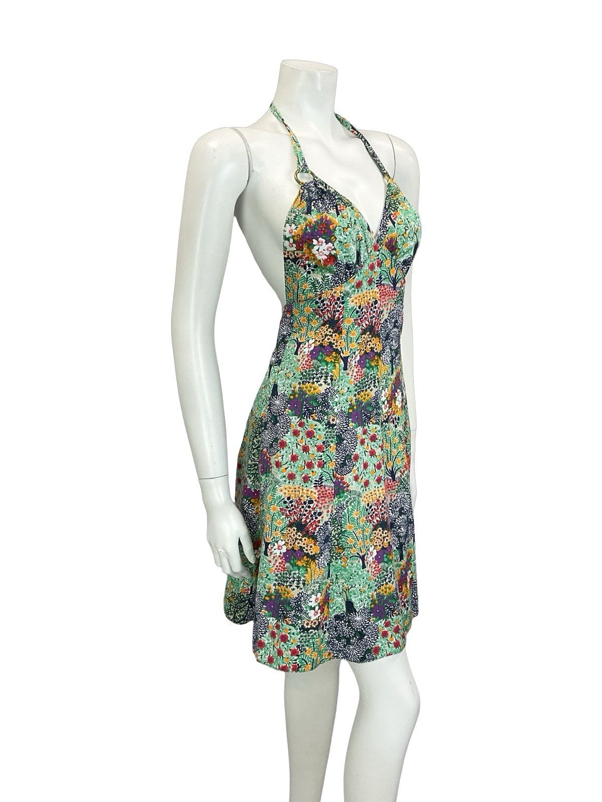 VTG 60S 70S GREEN BLUE PURPLE YELLOW FLORAL TREE SUMMER HALTER NECK DRESS 8