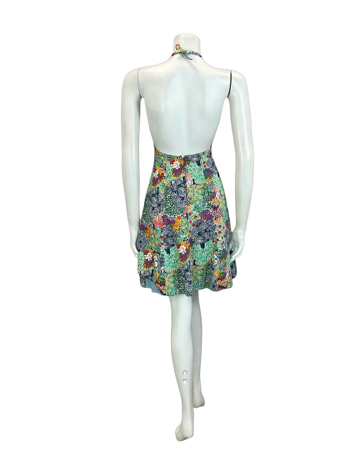 VTG 60S 70S GREEN BLUE PURPLE YELLOW FLORAL TREE SUMMER HALTER NECK DRESS 8