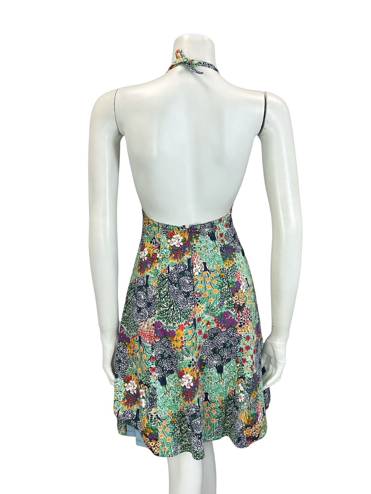 VTG 60S 70S GREEN BLUE PURPLE YELLOW FLORAL TREE SUMMER HALTER NECK DRESS 8